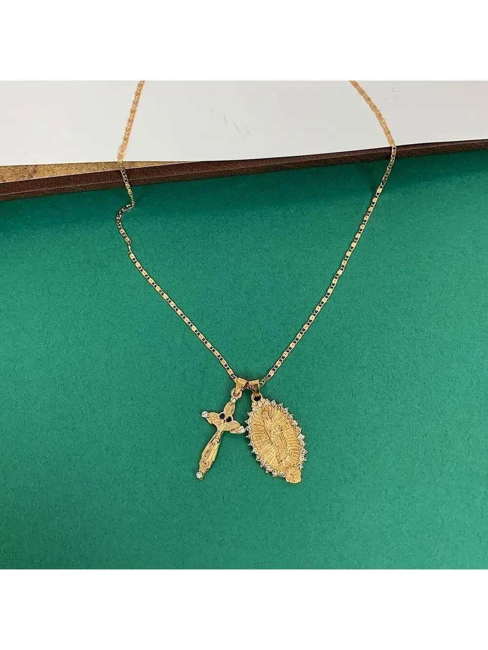 Stainless steel Vintage y2k style gold diamond Cross Saint Marry pendant